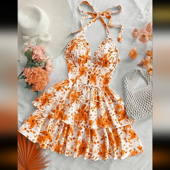 NEW! Floral Halter Dress with Orange Roses Size Large! - Picture 1 of 2